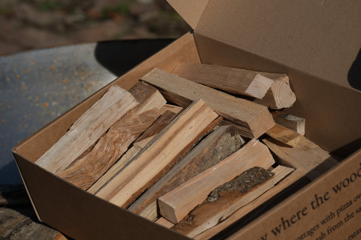 A box of kindling, packed and open