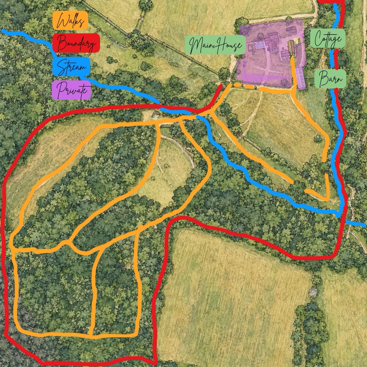 Hand-drawn map of the Hawksfold estate showing the walking routes, boundary, stream and private areas